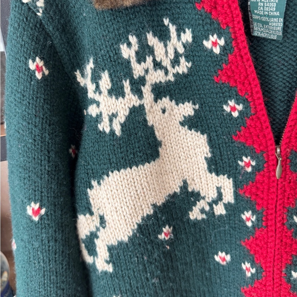Vintage Ralph Lauren Hand Knit Wool Fur Collar Reindeer Christmas Sweater zipup - Picture 5 of 14